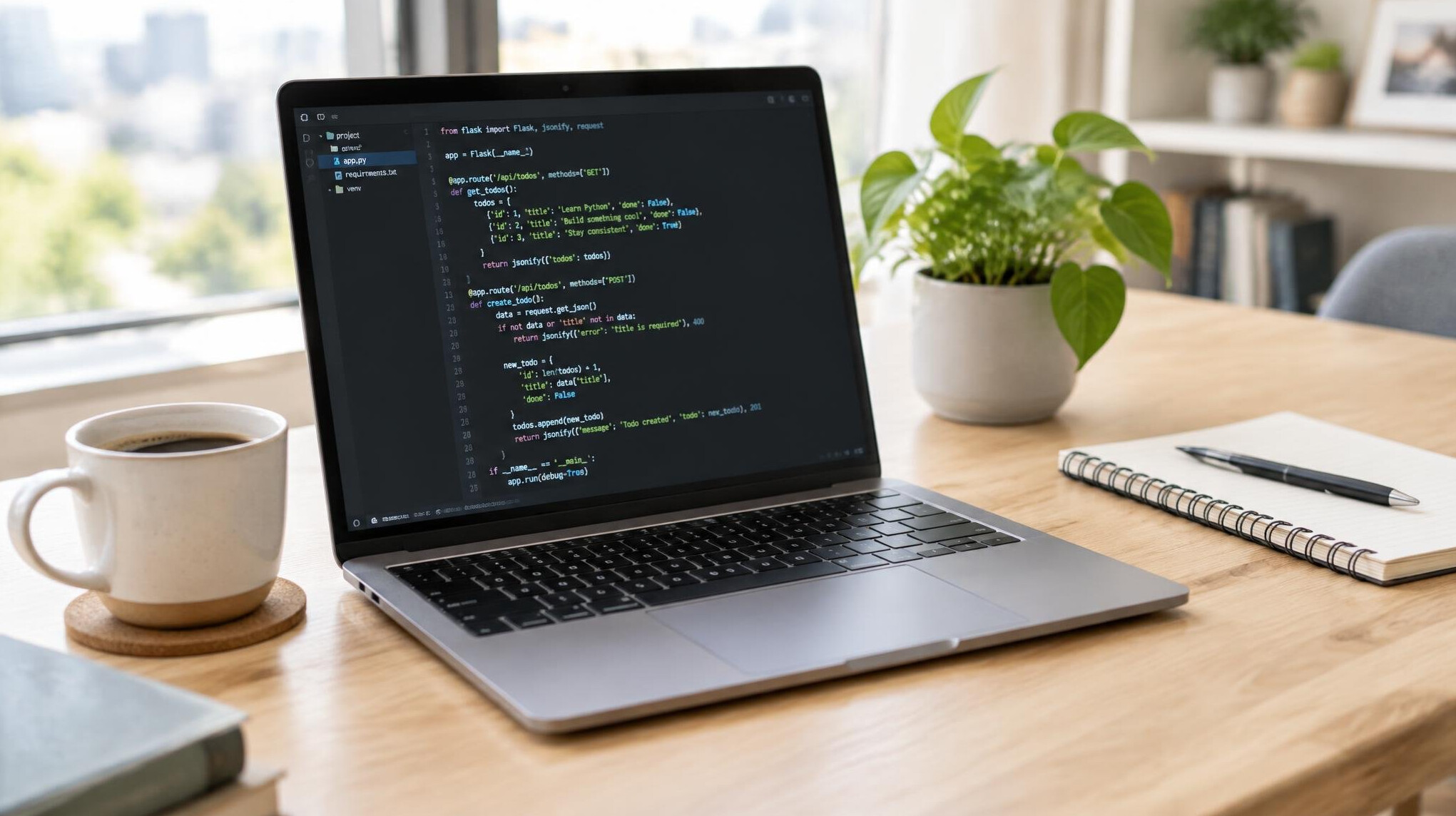 Laptop with programming code on a desk next to a coffee cup