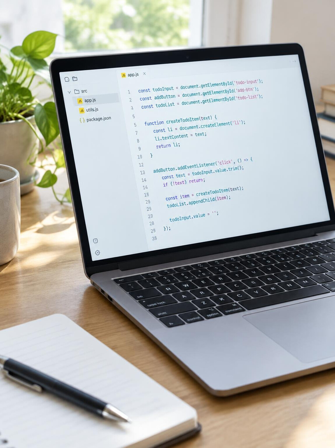 Programming code displayed on a laptop screen at an angle