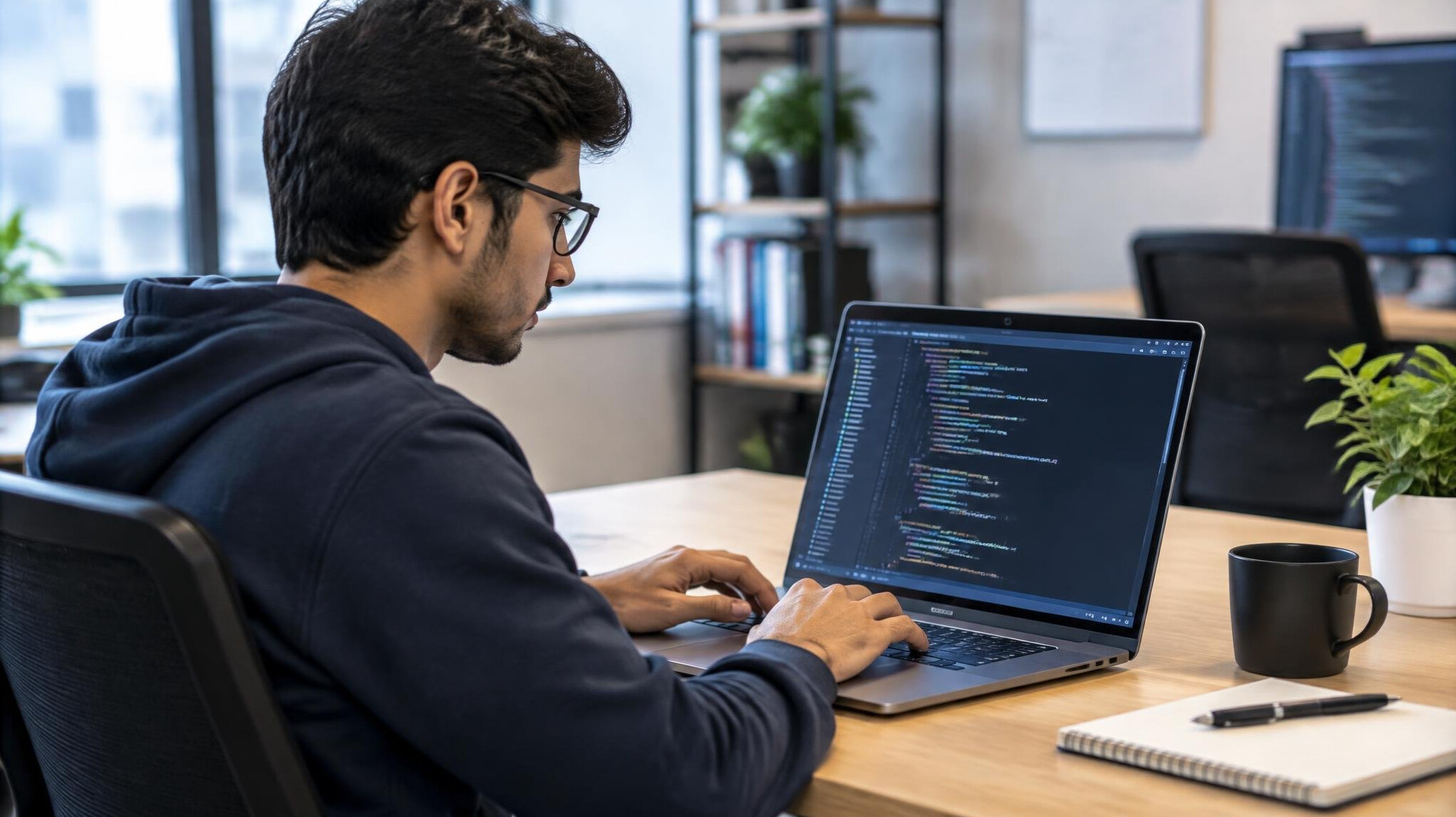 person coding on laptop in office