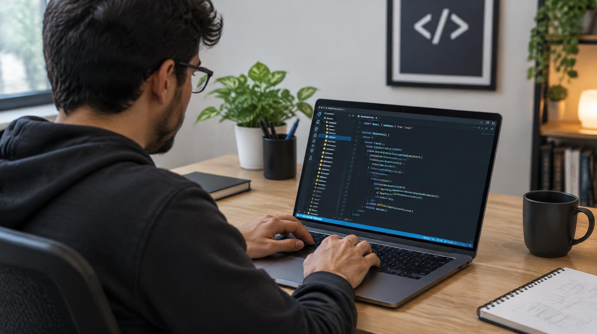 programmer coding on laptop