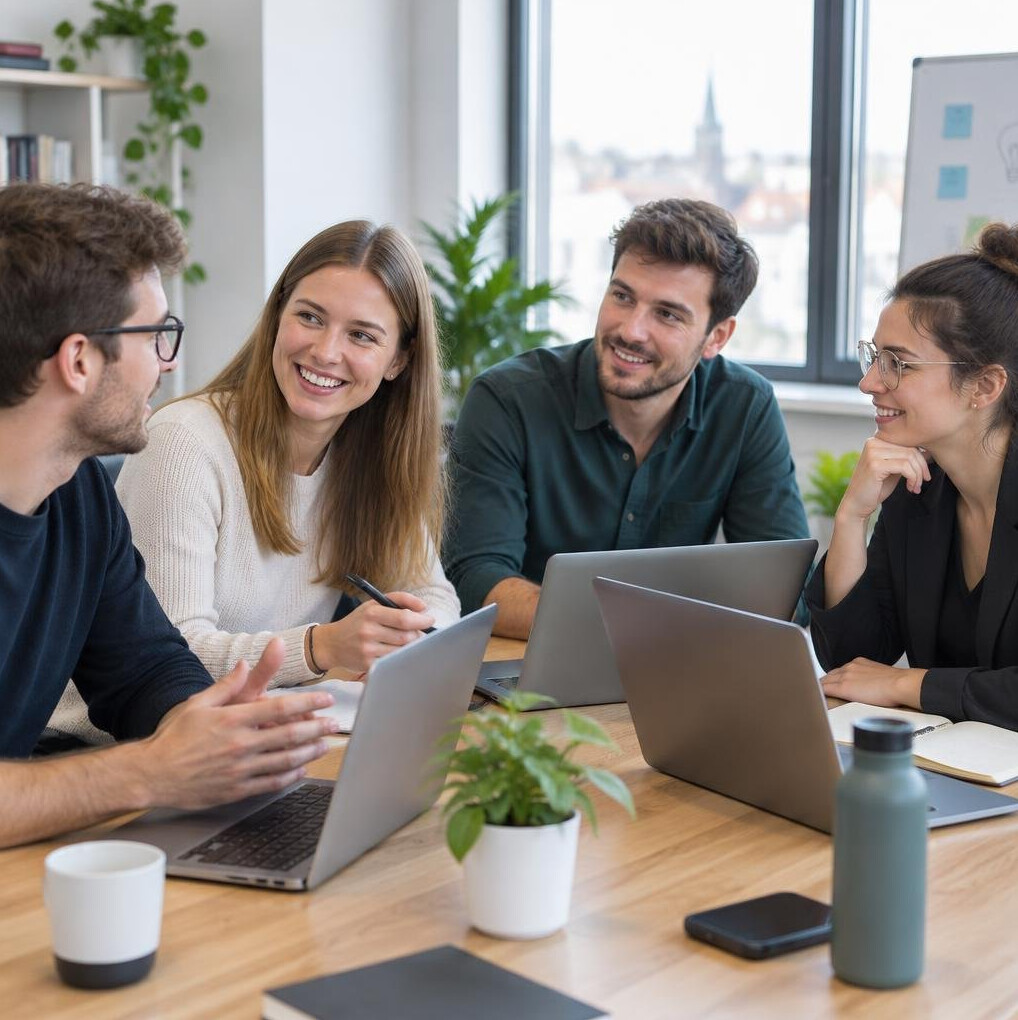 Group of colleagues working together on laptops in a bright office