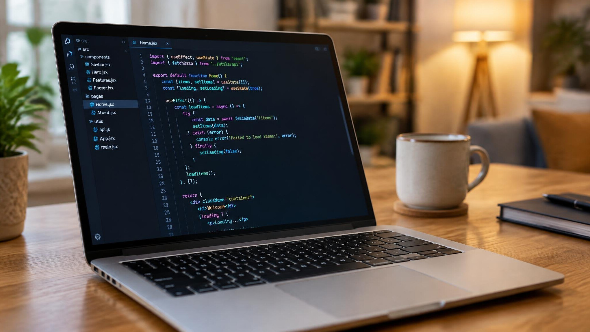 Laptop displaying code editor on a table