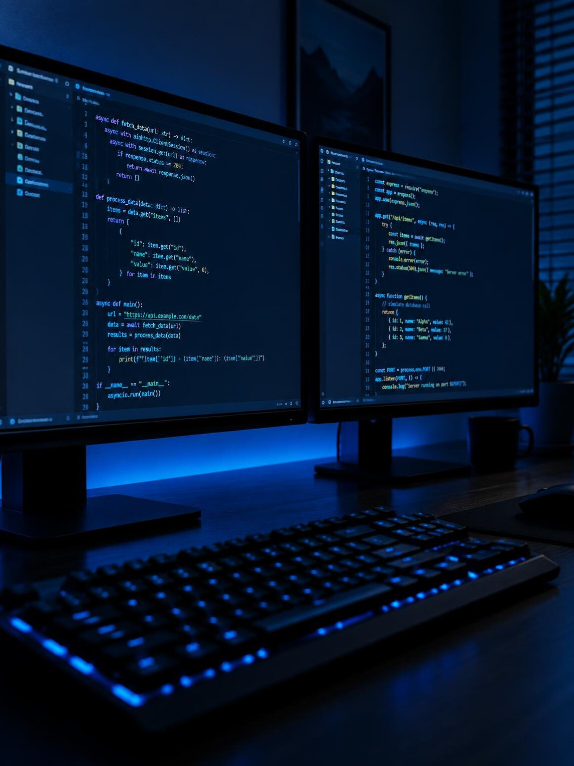 Computer screens showing lines of code in a dark room