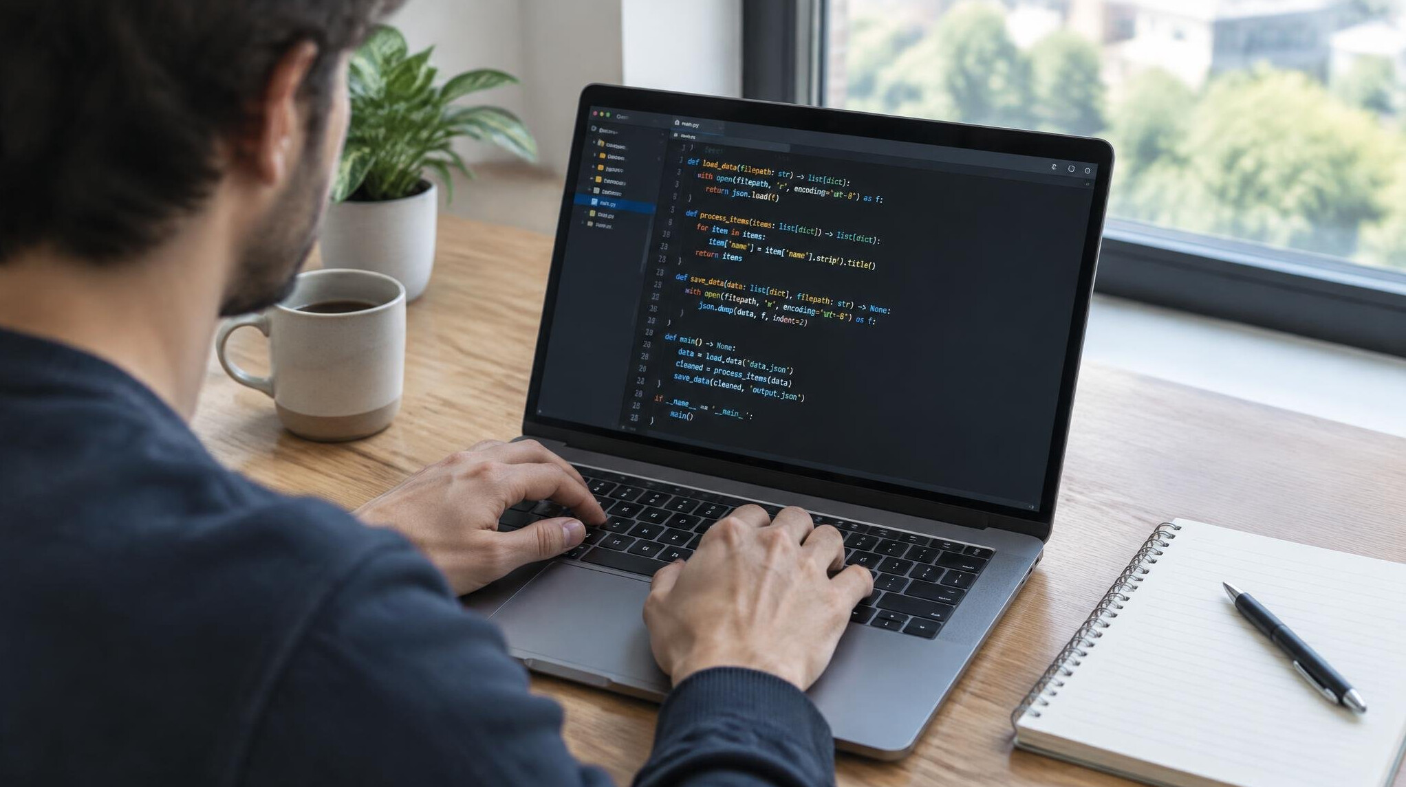 Hands typing on a laptop with code on the screen