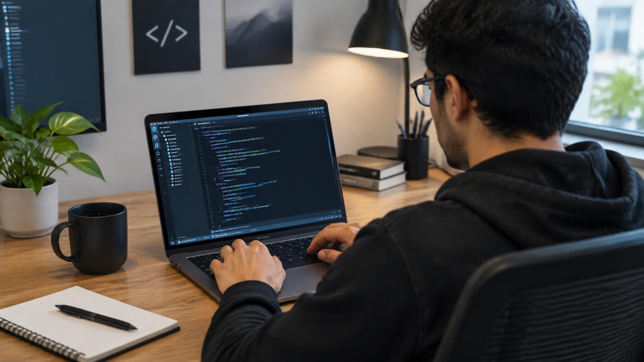 person coding on laptop