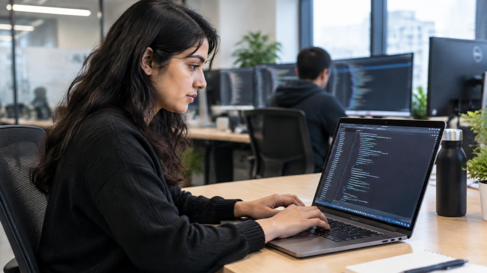 young woman coding on laptop