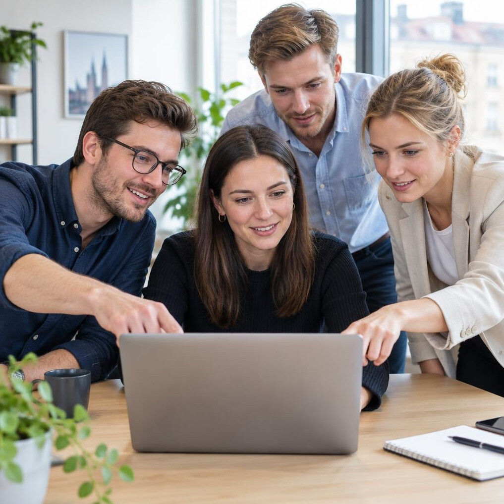 Team of young professionals collaborating around a laptop