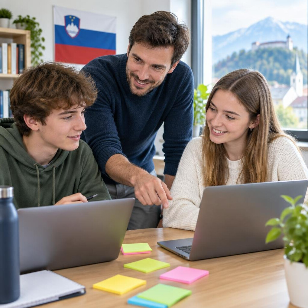People brainstorming with sticky notes and laptops