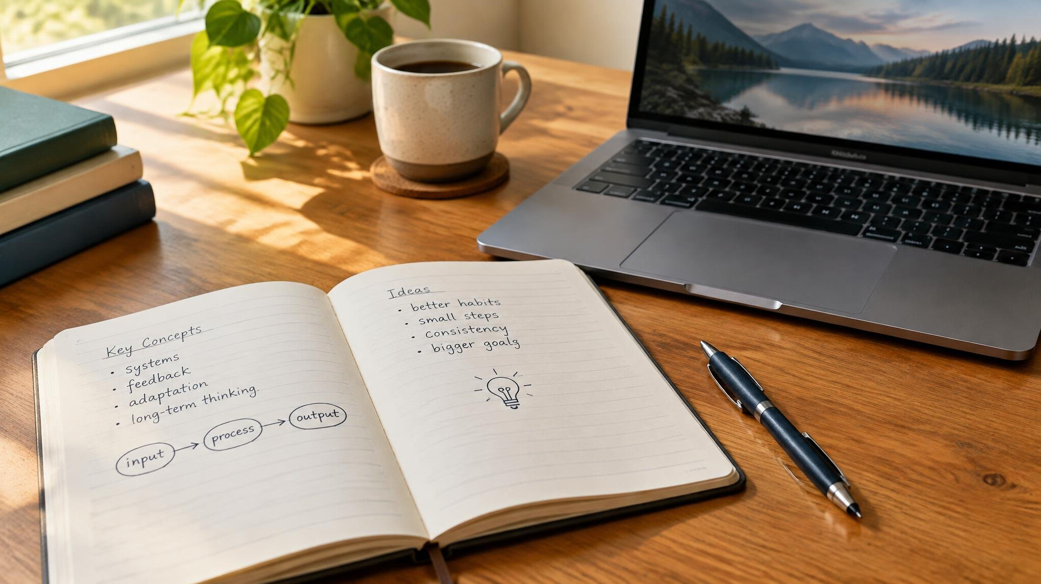 Notebook and laptop on a wooden desk